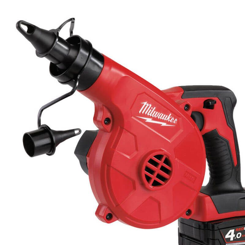 Milwaukee M18 Compact Blower Body Only, powerful battery-operated blower with removable nozzle, nozzle extension, variable speed control, and inflator/deflator attachment for cleaning tight spaces. Milwaukee M18 Compact Blower Body Only, powerful battery-operated blower with removable nozzle, nozzle extension, variable speed control, and inflator/deflator attachment for cleaning tight spaces.